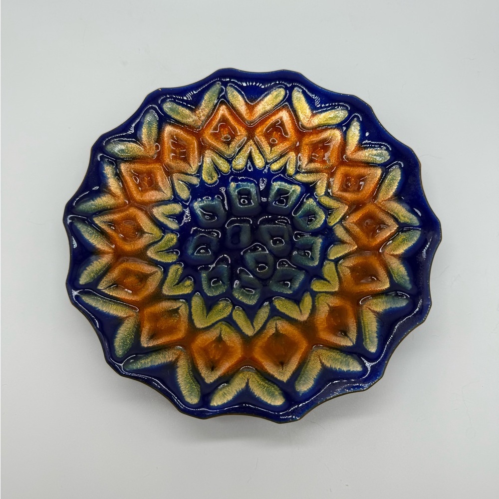 Blue and Orange Enamel On Copper Dish